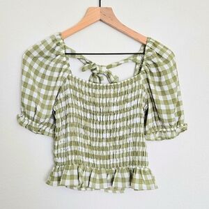 By the River Tie Back Plaid Peasant Blouse